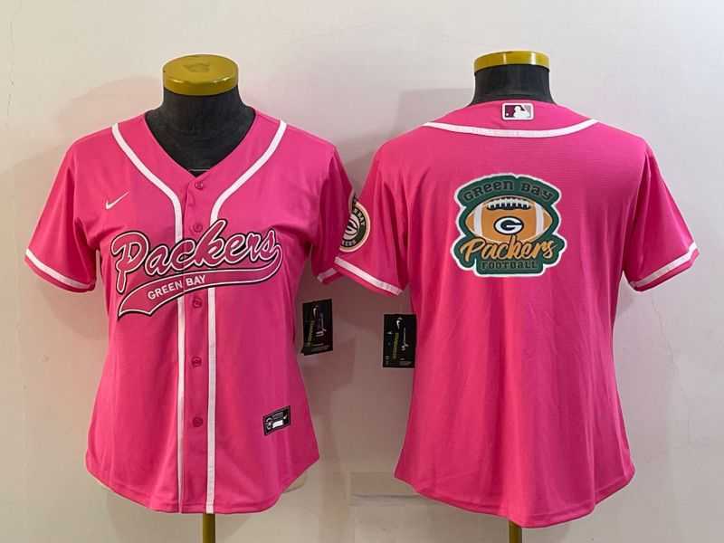 Womens Green Bay Packers Pink Team Big Logo With Patch Cool Base Stitched Baseball Jersey